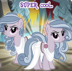 Size: 370x365 | Tagged: safe, gameloft, idw, blonn di, shining light (g4), earth pony, pony, thracian, g4, my little pony: magic princess, clothes, cropped, female, mare, meme, mobile game, siblings, text, twins, wow! glimmer
