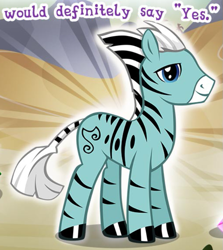 Size: 659x738 | Tagged: safe, gameloft, maji, zebra, g4, my little pony: magic princess, cloven hooves, cropped, english, male, meme, mobile game, solo, stallion, text, wow! glimmer