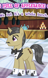 Size: 337x543 | Tagged: safe, gameloft, pristine, pony, unicorn, g4, my little pony: magic princess, bowtie, clothes, cropped, facial hair, male, meme, mobile game, moustache, solo, stallion, text, wow! glimmer