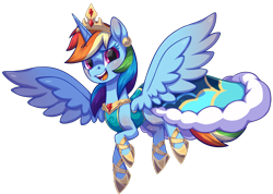 Size: 2601x1857 | Tagged: safe, alternate version, artist:moonseeker, rainbow dash, alicorn, pony, g4, alicornified, clothes, colored, crown, dress, eyebrows, eyebrows visible through hair, female, high res, horn, jewelry, looking at you, mare, open mouth, open smile, race swap, rainbowcorn, regalia, simple background, smiling, smiling at you, solo, spread wings, transparent background, wings