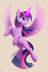Size: 1000x1500 | Tagged: safe, artist:luminousdazzle, twilight sparkle, alicorn, pony, g4, angry, female, flying, frown, glowing, glowing horn, horn, mare, simple background, solo, spread wings, twilight sparkle (alicorn), wings