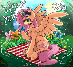 Size: 2960x2732 | Tagged: safe, artist:yumkandie, fluttershy, bird, pegasus, pony, g4, chest fluff, commission, ear fluff, female, flower, forest, grass, high res, picnic blanket, signature, solo, unshorn fetlocks, ych example, your character here