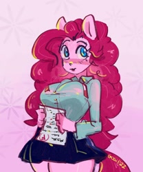 Size: 1440x1728 | Tagged: safe, artist:goshhhh, pinkie pie, earth pony, anthro, g4, blushing, clothes, female, hand, pink background, school uniform, simple background, skirt, solo