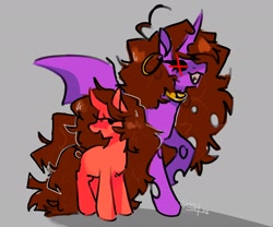 Size: 2048x1707 | Tagged: safe, artist:goshhhh, changeling, changeling queen, pony, unicorn, crossover, duo, friday night funkin', girlfriend (friday night funkin), mommy mearest (friday night funkin), purple changeling, smiling, species swap, spread wings, teeth, wings