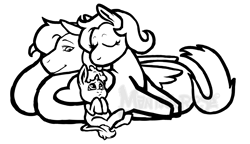 Size: 11858x6816 | Tagged: safe, artist:manticorpse, oc, oc only, oc:mulberry wine, oc:raspberry sorbet, oc:strawberry syrup, pegasus, pony, unicorn, baby, baby pony, black and white, crossed hooves, foal, folded wings, grayscale, grooming, horn, lesbian, licking, lineart, magical lesbian spawn, monochrome, offspring, simple background, tongue out, trio, unicorn horn, watermark, white background, wings