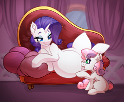 Size: 3128x2576 | Tagged: safe, alternate version, artist:witchtaunter, rarity, sweetie belle, pony, unicorn, g4, belle sisters, belly, big belly, carousel boutique, commission, couch, duo, ear fluff, fainting couch, female, filly, foal, happy, high res, hyper, hyper belly, hyper pregnancy, impossibly large belly, mare, multiple variants, open mouth, open smile, pillow, preggity, pregnant, sibling love, siblings, sisterly love, sisters, smiling