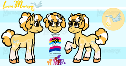 Size: 3960x2085 | Tagged: safe, artist:manticorpse, oc, oc:lemon meringue, earth pony, pony, brown eyes, character design, curly tail, cutie mark, female, high res, mare, orange mane, pride flag, reference sheet, solo, tail, yellow coat
