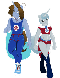 Size: 1548x2024 | Tagged: safe, artist:harmonicdreemur1308, oc, oc:platinum glow, unicorn, anthro, unguligrade anthro, clothes, danny sexbang, duo, horn, male, midriff, ponified, shorts, simple background, unicorn oc, white background