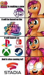 Size: 1205x2048 | Tagged: safe, artist:plastic-star-virus, sunny starscout, earth pony, pony, g5, my little pony: a new generation, :d, bedroom eyes, bust, glowing, glowing eyes, google stadia, meme, nintendo switch, open mouth, open smile, outright games, playstation, smiling, steam (software), video game, xbox