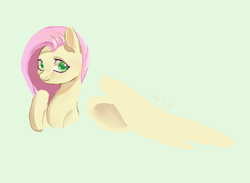 Size: 1473x1080 | Tagged: safe, artist:shiqiuzhu, fluttershy, pegasus, pony, g4, female, green background, mare, simple background, solo