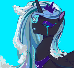 Size: 1890x1729 | Tagged: safe, artist:shiqiuzhu, princess luna, alicorn, pony, g4, blue background, crying, cyan background, eyes closed, eyeshadow, female, folded wings, light blue background, makeup, mare, simple background, solo, water mane, wings