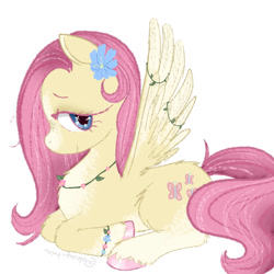 Size: 1000x1000 | Tagged: safe, artist:okay1trin, fluttershy, pegasus, pony, g4, back fluff, blaze (coat marking), blue eyes, bracelet, butterfly eyes, chest fluff, coat markings, colored hooves, cute, facial markings, floral necklace, flower, flower in hair, jewelry, leg fluff, looking at you, lying down, pale belly, profile, prone, redesign, shyabetes, simple background, smiling, socks (coat markings), solo, spread wings, unshorn fetlocks, white background, wing jewelry, wingding eyes, wings