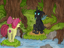 Size: 1024x768 | Tagged: safe, artist:ponypairproductions, apple bloom, changeling, earth pony, pony, g4, duo, eyes closed, female, filly, foal, forest, sitting, water