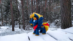 Size: 1192x670 | Tagged: safe, artist:mgrdash, oc, oc only, oc:firesky, pegasus, pony, endangering plushies, forest, irl, photo, plushie, ponies in real life, solo, winter