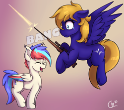 Size: 2439x2152 | Tagged: safe, artist:cloudybirb, oc, oc only, oc:cloud quake, oc:pedals, pegasus, pony, female, flying, gradient background, gun, gunshot, high res, mare, rifle, rule 63, weapon