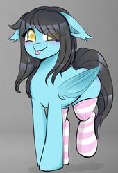 Size: 1641x2413 | Tagged: safe, artist:nekomellow, oc, oc only, oc:flower popen, bat pony, gynoid, pony, robot, robot pony, :p, black mane, black tail, blue fur, blushing, clothes, cute, cute little fangs, ear tufts, fangs, female, floppy ears, hair over one eye, socks, solo, striped socks, tail, tongue out, yellow eyes