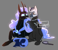Size: 1254x1080 | Tagged: safe, artist:akoamplified, nightmare moon, oc, oc:orion zephyr, alicorn, pegasus, pony, fanfic:somnambulance, g4, armor, black coat, blue eyes, bodysuit, brush, brushing mane, clothes, colored, colored sketch, commission, cute, fanfic, fanfic art, glowing, glowing mane, glowing tail, helmet, mane, orange eyes, pegasus oc, peytral, short mane, sketch, tail