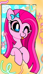 Size: 441x747 | Tagged: safe, artist:petaltwinkle, pinkie pie, earth pony, pony, g4, ;p, bow, bust, cute, cuteamena, hair bow, one eye closed, pinkamena diane pie, solo, tongue out, wink