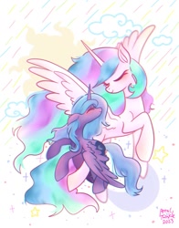 Size: 1074x1368 | Tagged: safe, artist:petaltwinkle, princess celestia, princess luna, alicorn, pony, g4, crescent moon, eyes closed, female, flying, mare, moon, rain, royal sisters, s1 luna, siblings, signature, simple background, sisters, smiling, spread wings, sun, white background, wings
