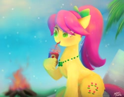 Size: 1368x1074 | Tagged: safe, artist:petaltwinkle, posey bloom, earth pony, pony, g5, bow, food, hair bow, sitting, smiling, solo