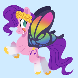 Size: 4000x4000 | Tagged: safe, artist:fizzlefer, pipp petals, pegasus, pony, g5, blue background, butterfly wings, female, flying, looking back, mare, open mouth, open smile, simple background, smiling, solo, spread wings, tail, toy interpretation, underhoof, unshorn fetlocks, wings