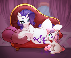 Size: 3128x2576 | Tagged: safe, alternate version, artist:witchtaunter, rarity, sweetie belle, pony, unicorn, g4, belle sisters, belly, belly painting, big belly, caricature, carousel boutique, commission, couch, cute, diasweetes, duo, ear fluff, fainting couch, female, filly, foal, happy, high res, hoof painting, mare, multiple variants, open mouth, open smile, paint on fur, paint splatter, pillow, preggity, pregnant, sibling love, siblings, sisterly love, sisters, smiley face, smiling, stars