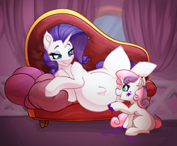 Size: 3128x2576 | Tagged: safe, alternate version, artist:witchtaunter, rarity, sweetie belle, pony, unicorn, g4, belle sisters, belly, big belly, carousel boutique, commission, couch, cute, diasweetes, duo, ear fluff, fainting couch, female, filly, foal, happy, high res, hoof painting, hyper, hyper belly, hyper pregnancy, impossibly large belly, kicking, mare, multiple variants, open mouth, open smile, paint on fur, paint splatter, pillow, preggity, pregnant, sibling love, siblings, sisterly love, sisters, smiling