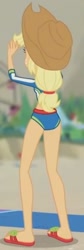 Size: 387x1158 | Tagged: safe, screencap, applejack, human, aww... baby turtles, equestria girls, g4, my little pony equestria girls: better together, applejack's beach shorts swimsuit, applejack's hat, arms in the air, beach shorts swimsuit, clothes, cowboy hat, hat, legs, rear view, sandals, swimsuit, towel