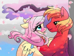 Size: 1024x787 | Tagged: safe, artist:dreamscapevalley, artist:twifanclub, edit, big macintosh, fluttershy, earth pony, pegasus, pony, g4, blushing, cherry blossoms, cute, female, flower, flower blossom, height difference, looking at each other, looking at someone, looking into each others eyes, male, mare, petals, pixel art, ship:fluttermac, shipping, shyabetes, stallion, straight, windswept mane
