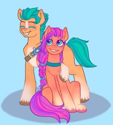 Size: 1052x1162 | Tagged: safe, artist:ponysforyou, hitch trailblazer, sunny starscout, earth pony, pony, g5, blue background, duo, duo male and female, eyes closed, female, male, simple background, sitting, smiling, stallion