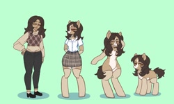 Size: 1280x768 | Tagged: oc name needed, safe, artist:ponysforyou, oc, oc only, earth pony, human, pony, anthro, semi-anthro, arm hooves, bipedal, clothes, female, green background, human female, human to pony, mare, simple background, skirt, smiling, socks, solo, standing on two hooves, transformation, transformation sequence