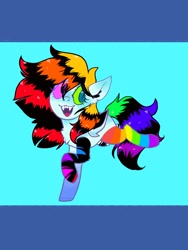 Size: 768x1024 | Tagged: safe, artist:ponysforyou, oc, oc:nightcore, bat pony, pony, clothes, fangs, gay pride flag, pride, pride flag, smiling, socks, solo