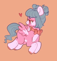 Size: 1395x1494 | Tagged: safe, artist:ponysforyou, oc, oc only, oc:cotton candy, pegasus, pony, bow, flying, heart, orange background, pegasus oc, simple background, solo