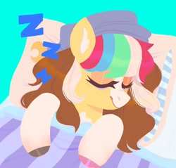 Size: 1184x1132 | Tagged: safe, artist:ponysforyou, oc, oc only, oc:morning dew, earth pony, pony, bed, earth pony oc, eyes closed, green background, hat, onomatopoeia, simple background, sleeping, solo, sound effects, zzz