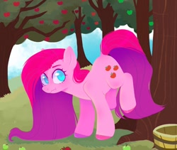 Size: 1300x1099 | Tagged: safe, artist:ponysforyou, pinkie pie, earth pony, pony, g4, magical mystery cure, apple, food, frown, pinkamena diane pie, scene interpretation, scenery, solo