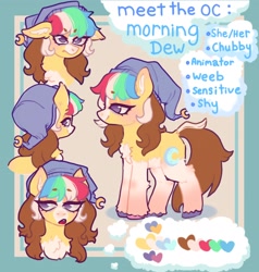 Size: 1948x2048 | Tagged: safe, artist:ponysforyou, oc, oc:morning dew, earth pony, pony, earth pony oc, female, hat, mare, pixel art, reference sheet, solo, text