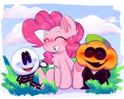 Size: 1280x1024 | Tagged: safe, artist:thepinkh, pinkie pie, g4, blushing, chest fluff, crossover, ear fluff, pump wonder, simple background, skid, spooky month, trio