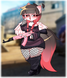 Size: 2344x2720 | Tagged: safe, artist:arwencuack, oc, oc only, oc:arwencuack, pegasus, anthro, ak-47, arm hooves, assault rifle, counter-strike: global offensive, evil, gun, heart, heart eyes, high res, rifle, smiling, solo, thicc thighs, weapon, wingding eyes