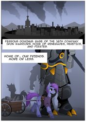 Size: 2480x3508 | Tagged: safe, artist:buvanybu, oc, earth pony, pony, fanfic:iron hearts, ammunition, chaos, chaos space marine, city, comic, crossover, fanfic art, high res, iron warriors, narration, space marine, text, wagon, warhammer (game), warhammer 40k