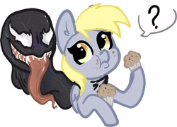 Size: 2467x1780 | Tagged: safe, artist:nootaz, derpy hooves, pegasus, pony, g4, crossover, duo, eating, female, food, long tongue, mare, marvel comics, muffin, puffy cheeks, question mark, simple background, symbiote, tongue out, venom, white background