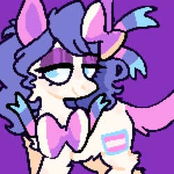 Size: 2000x2000 | Tagged: safe, artist:ponysforyou, oc, oc only, earth pony, pony, bow, hair bow, high res, lidded eyes, pixel art, pride, pride flag, purple background, simple background, smiling, solo, transgender pride flag