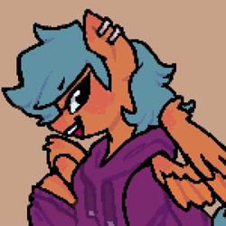 Size: 2000x2000 | Tagged: safe, artist:ponysforyou, oc, oc only, pegasus, pony, clothes, ear piercing, high res, hoodie, orange background, pegasus oc, piercing, pixel art, simple background, smiling, solo
