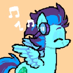 Size: 2000x2000 | Tagged: safe, artist:ponysforyou, oc, oc only, pegasus, pony, eyes closed, headphones, high res, music notes, orange background, pegasus oc, pixel art, side view, simple background, smiling, solo, spread wings, wings