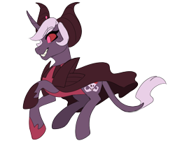 Size: 2048x1676 | Tagged: safe, artist:hibiscuit-rose, pony, unicorn, cape, clothes, cookie run, curved horn, hat, horn, ponified, purple coat, red eyes, sharp teeth, shoes, simple background, solo, teeth, transparent background, white mane