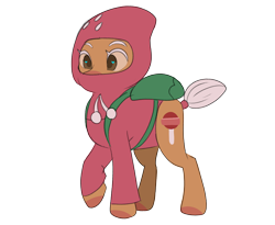 Size: 2048x1676 | Tagged: safe, artist:hibiscuit-rose, earth pony, pony, backpack, brown coat, brown eyes, clothes, cookie run, hoodie, ponified, short tail, simple background, solo, strawberry cookie, tail, transparent background