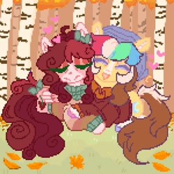 Size: 1500x1500 | Tagged: safe, artist:ponysforyou, oc, oc only, oc:morning dew, oc:nasty cherry, earth pony, pegasus, pony, clothes, duo, earth pony oc, eyes closed, forest, hat, hug, leaves, lying down, pegasus oc, pixel art, scarf, scenery, smiling