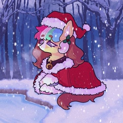 Size: 1846x1844 | Tagged: safe, artist:ponysforyou, oc, oc only, oc:morning dew, earth pony, pony, bell, bell collar, christmas, collar, earth pony oc, hat, hearth's warming eve, holiday, lying down, santa hat, scenery, snow, snowfall, solo