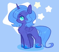 Size: 1633x1457 | Tagged: safe, artist:ponysforyou, princess luna, alicorn, pony, g4, blue background, chest fluff, drawn from memory, female, filly, filly luna, looking at you, side view, simple background, woona, younger