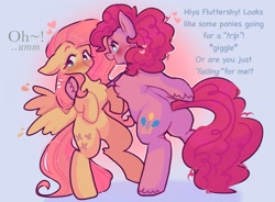 Size: 1979x1460 | Tagged: safe, artist:ponysforyou, fluttershy, pinkie pie, earth pony, pegasus, pony, g4, balloonbutt, bipedal, blushing, butt, cheek fluff, duo, female, heart, heart eyes, lesbian, plot, ship:flutterpie, shipping, standing on two hooves, text, wingding eyes