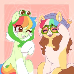 Size: 2048x2048 | Tagged: safe, artist:ponysforyou, oc, oc:morning dew, earth pony, frog, pony, chest fluff, duo, earth pony oc, eyes closed, glasses, hat, high res, sitting, smiling